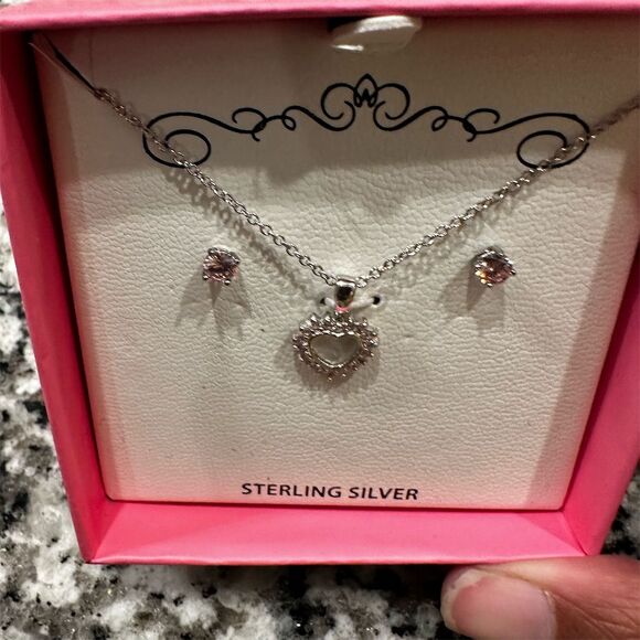 Sterling Silver Heart Pendant Necklace & Earring Set with Pink Cubic Zirconia - Picture 2 of 4